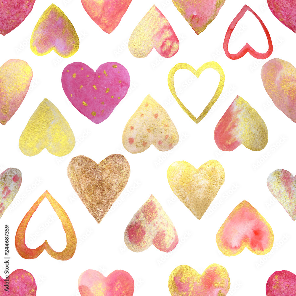Gold and pink hearts for Valentine's Day! Hearts are drawn with watercolor by hand. Seamless pattern.