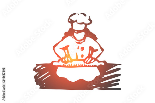 Girl, cook, roll, dough, food concept. Hand drawn isolated vector.