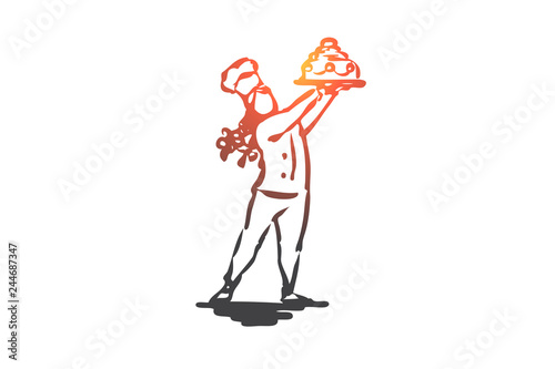 Cake, confectioner, cooking, girl, sweet concept. Hand drawn isolated vector.