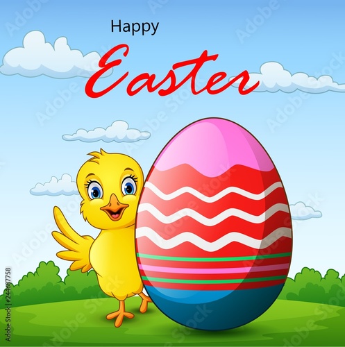 cartoon little chick with easter egg with background