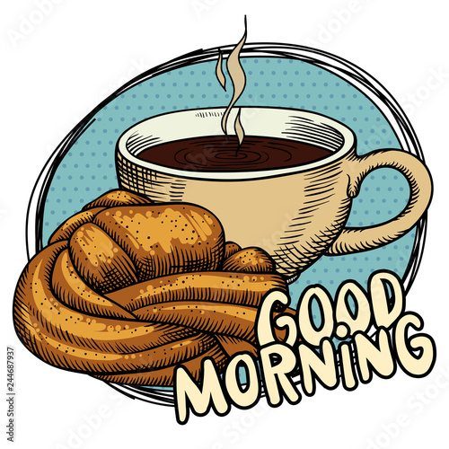 Fresh bun and a cup of steaming aromatic coffee on a blue plate. Wish good morning. Freehand drawing.