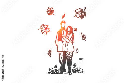 Autumn, couple, love, fall, romantic concept. Hand drawn isolated vector.