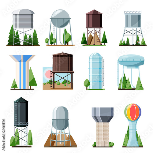 Water tower vector tank storage watery resource reservoir and industrial high metal structure container water-tower illustration set of towered construction isolated on white background