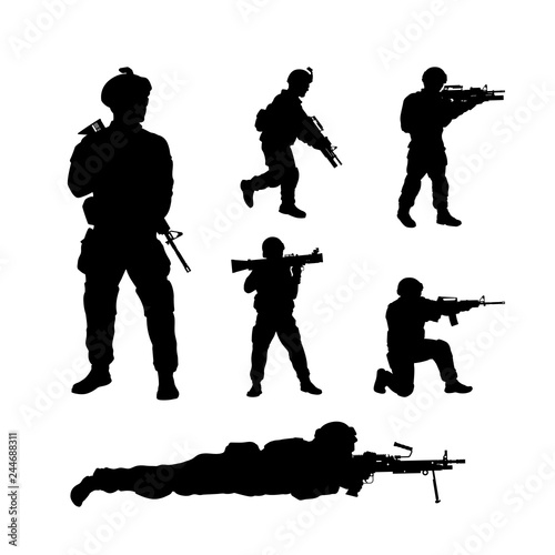 Black silhouettes of american soldiers. USA army. Military men icons with weapon. Isolated warrior image