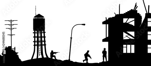 Black military silhouettes on white background. Soldiers assault house with terrorists. Scene of broken city. War panorama