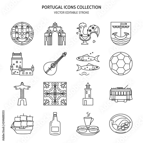 Portugal icons set in thin line style