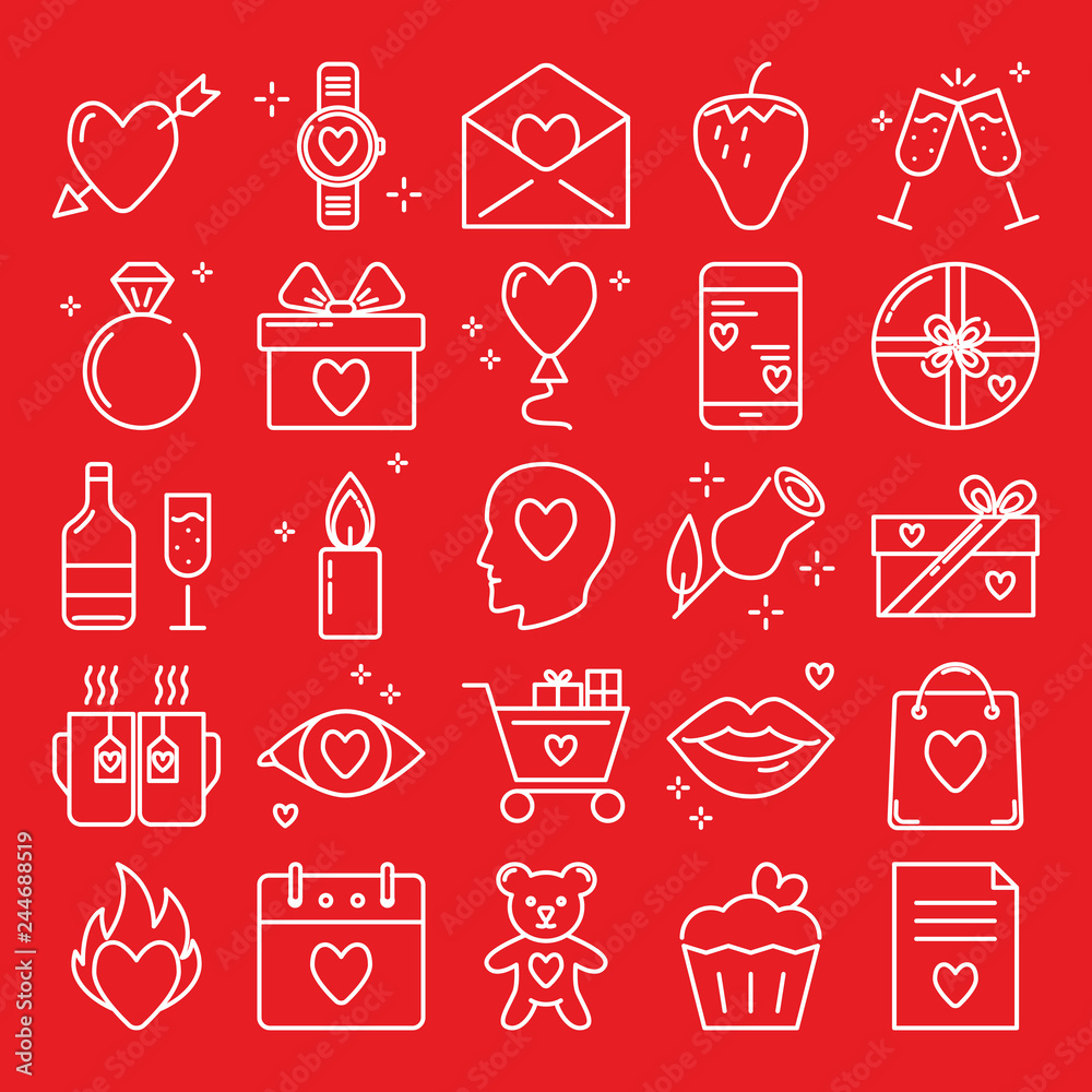 Valentines day icon set in line style