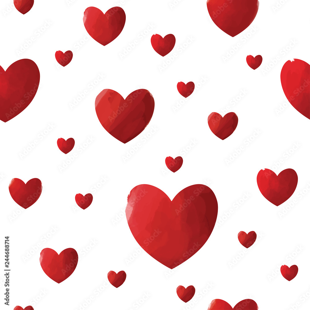 Hand drawn bright red hearts seamless pattern on white background.  Love, romantic background, basis backdrop