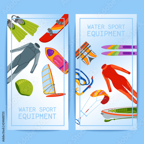 Summer water beach sea sports banners activities vector illustration. Active people watersport windsurfing, surfing, jet ski snorkel, scuba dive, tubing, ride speed boat banana float tools.