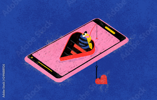 Online dating. Colorful illustration shows an online fisher searching for love match on the network through his smartphone. photo