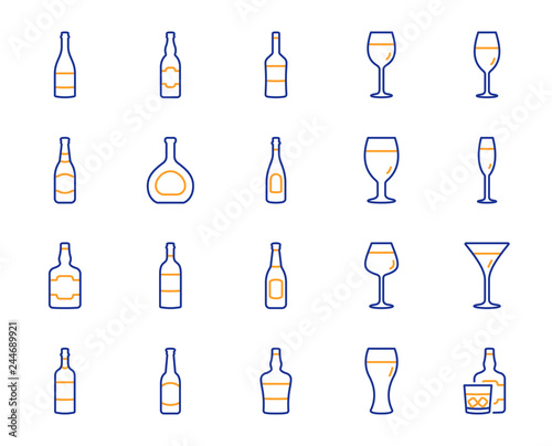 Wine bottle line icons. Set of Craft beer  Whiskey and Wine glass icons. Champagne bottle  Alcohol drink and Scotch with ice. Wineglass  Beer glass and Restaurant goblet signs. Beverage drink. Vector