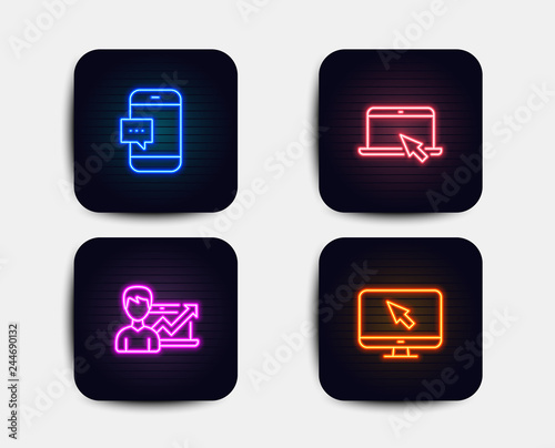 Neon set of Success business, Smartphone message and Portable computer icons. Internet sign. Growth chart, Cellphone chat, Notebook device. Monitor with cursor. Neon icons. Vector