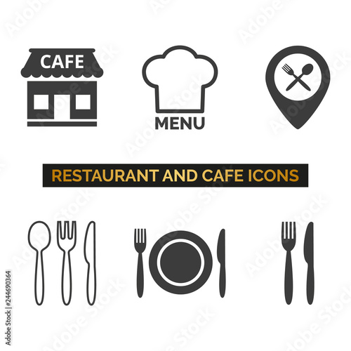 Restaurant and cafe icons set on white background.