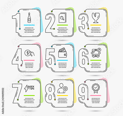 Infographic template with numbers 9 options. Set of Search files, Debit card and Fragile package icons. Payment, Champagne and Security signs. Quickstart guide, Bus parking and Certificate symbols