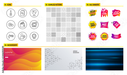 Seamless pattern. Shopping mall banners. Set of Search files, Debit card and Fragile package icons. Payment, Champagne and Security signs. Quickstart guide, Bus parking and Certificate symbols