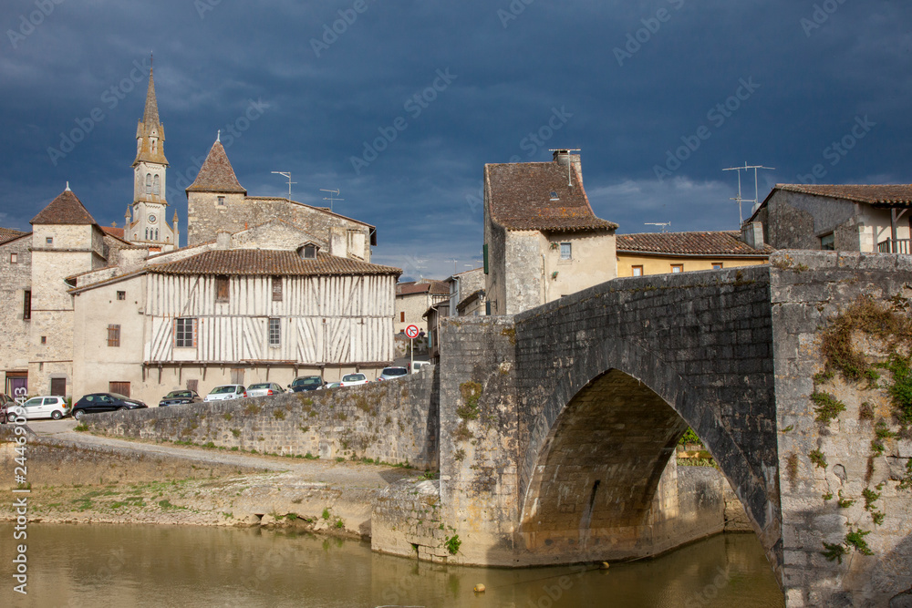 Nerac France 10-17-2018. Old houses and bridge in the city of Nerac in France.