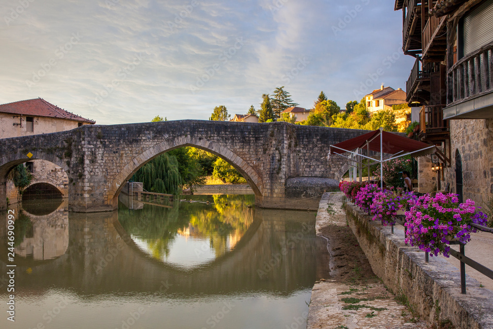 Nerac France 10-17-2018. Old houses and bridge in the city of Nerac in France.