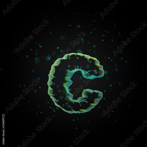 Microscopic letter C lowercase. 3D rendered nano font with tiny particles on black background