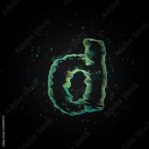 Microscopic letter D lowercase. 3D rendered nano font with tiny particles on black background