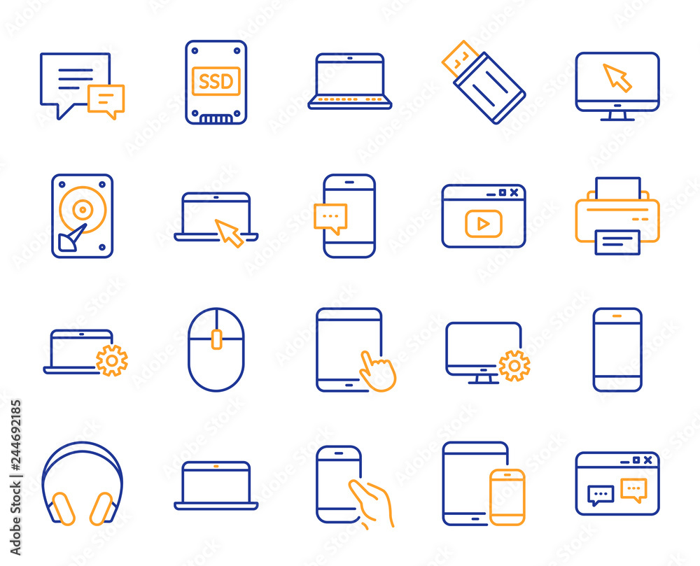 Mobile device line icons. Laptop, Tablet PC and Smartphone icons. HDD, SSD and Flash drive. Headphones, Printer and tablet device. Mouse, ssd disk, mobile laptop. Memory hdd drive. Vector Mobile device line icons. Laptop, Tablet PC and Smartphone icons. HDD, SSD and Flash drive. Headphones, Printer and tablet device. Mouse, ssd disk, mobile laptop. Memory hdd drive. Vector