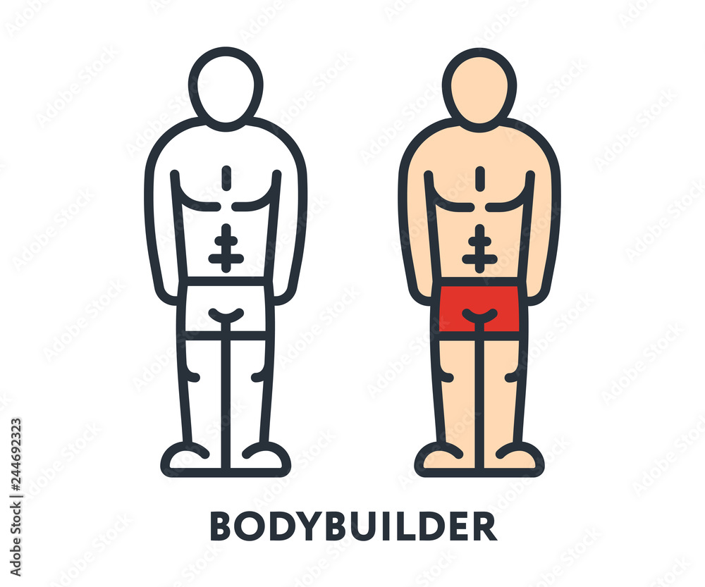 Young Man Bodybuilder Athlete Character Muscular Topless Fitness. Vector Flat Line Stroke Icon. Young Man Bodybuilder Athlete Character Muscular Topless Fitness. Vector Flat Line Stroke Icon.