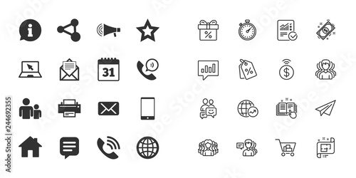 Set of Communication, Conference and Information icons. E-Mail, Printer and Internet signs. Speech bubble, Support and Phone call symbols. Paper plane, report and shopping cart icons. Group of people