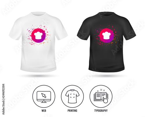 T-shirt mock up template. Chief hat sign icon. Cooking symbol. Cooks hat. Realistic shirt mockup design. Printing, typography icon. Vector