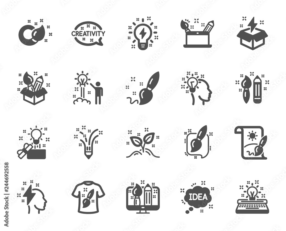 Creativity brush icons. Set of Design, Idea and Inspiration linear icons. Imagination, Idea box and Creative design. Brush with draw pencil, T shirt and Out of the box creativity. Vector