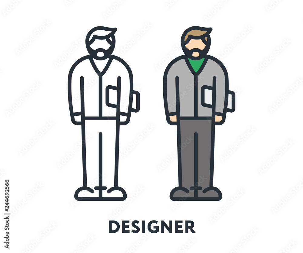 Young Designer Character Holding Laptop. Vector Flat Line Stroke Icon.