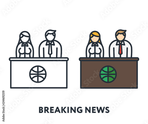 Male and Female TV Journalist Presenter Character. Vector Flat Line Stroke Icon.