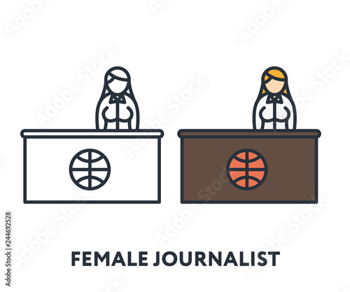 Female TV Journalist Presenter Character. Vector Flat Line Stroke Icon.