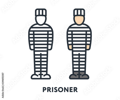 Prisoner Thief Robber Character Uniform Striped Hat Cap. Vector Flat Line Stroke Icon.