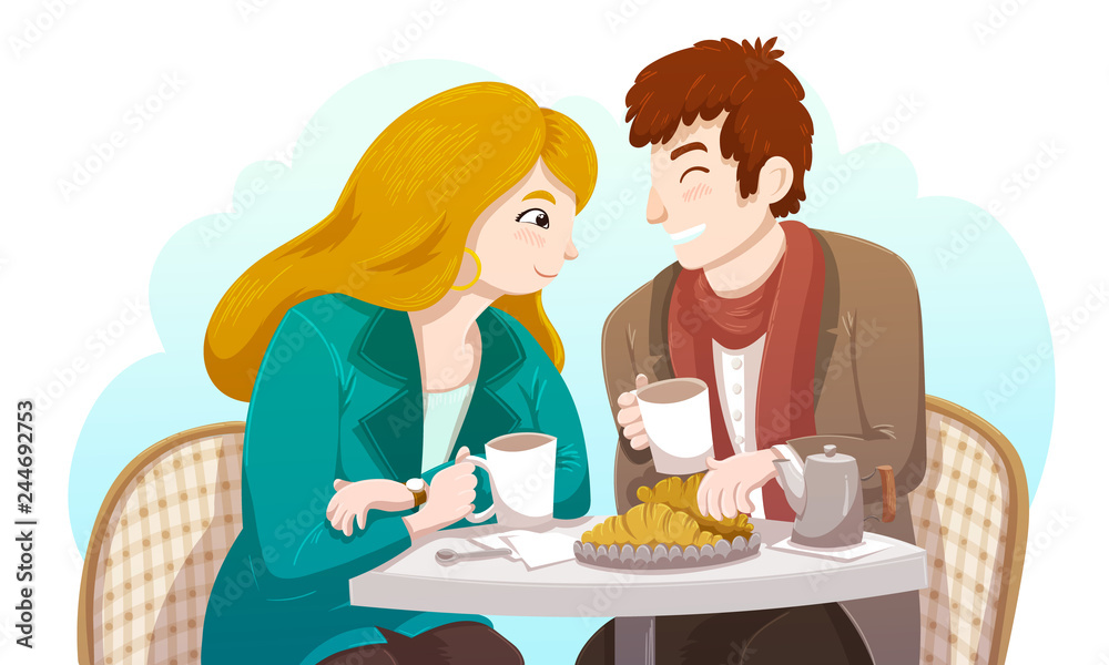 Couple sitting at a table and drinking coffee with croissant in a street cafe. Woman with blonde hair and green vest. Vector illustration isolated on a white background. Couple sitting at a table and drinking coffee with croissant in a street cafe. Woman with blonde hair and green vest. Vector illustration isolated on a white background.