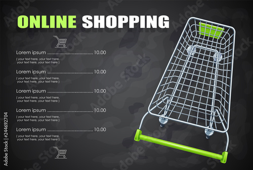 Shopping cart for supermarket products. Shop equipment.