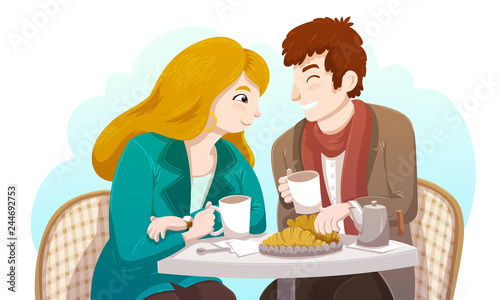 Couple sitting at a table and drinking coffee with croissant in a street cafe. Woman with blonde hair and green vest. Vector illustration isolated on a white background.