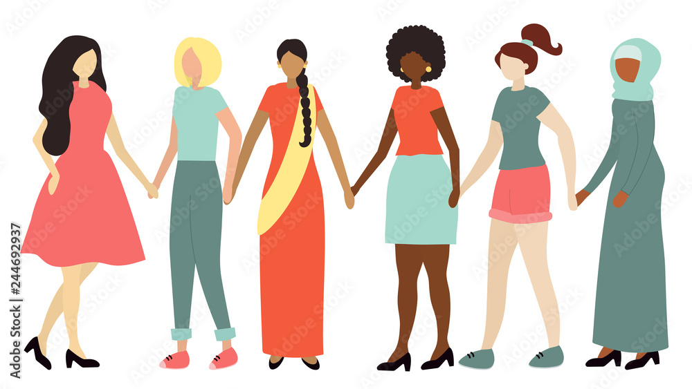 Women stand together and hold hands. Fighting for the rights of women ...