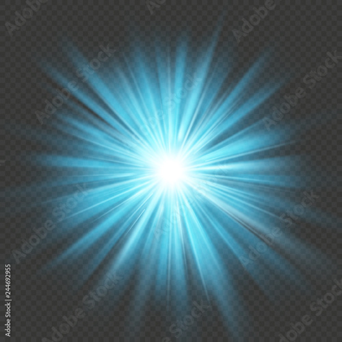 Blue glow star burst flare explosion light effect. Isolated on transparent background. EPS 10