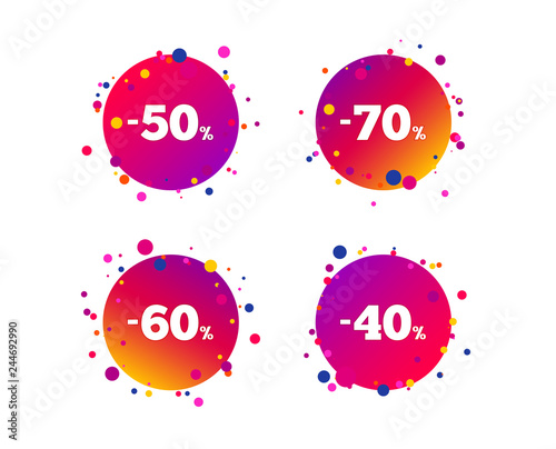 Sale discount icons. Special offer price signs. 40, 50, 60 and 70 percent off reduction symbols. Gradient circle buttons with icons. Random dots design. Vector
