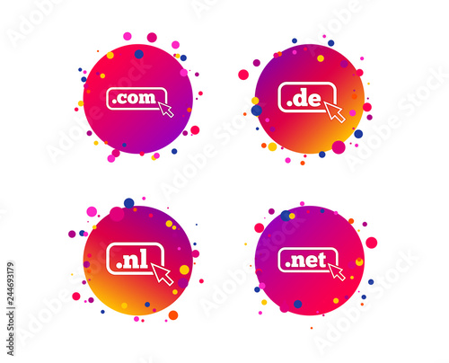 Top-level internet domain icons. De, Com, Net and Nl symbols with cursor pointer. Unique national DNS names. Gradient circle buttons with icons. Random dots design. Vector