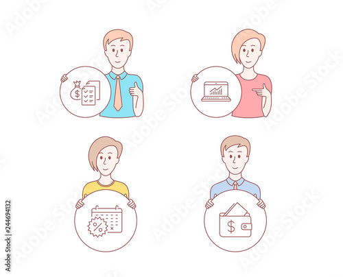 People hand drawn style. Set of Calendar discounts, Online statistics and Accounting wealth icons. Wallet sign. Shopping, Computer data, Audit report. Affordability.  Character hold circle button