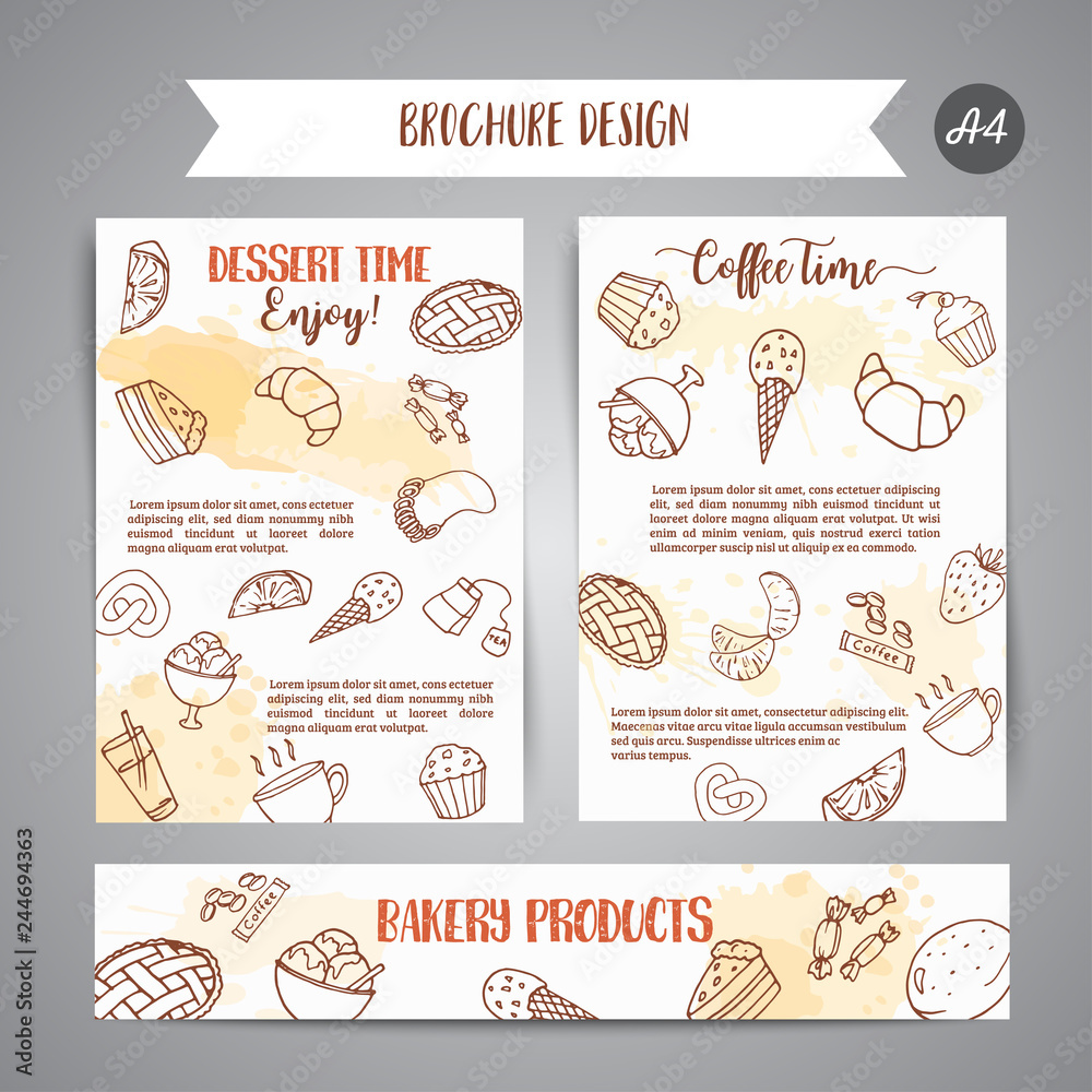 Bakery poster template with pastries. Sweet pastry, cupcakes, dessert cards with chocolate cake, sweets. Bakery poster template with pastries. Sweet pastry, cupcakes, dessert cards with chocolate cake, sweets.