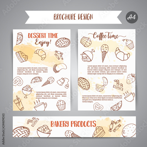 Bakery poster template with pastries. Sweet pastry, cupcakes, dessert cards with chocolate cake, sweets.