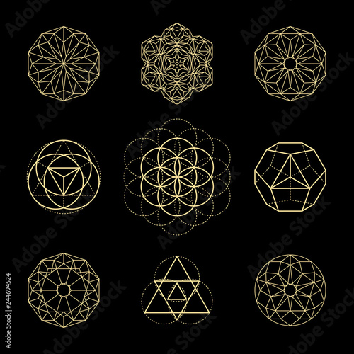 Vector sacred geometry illustration set . Mystical celestial symbols. Gold abstract compositions suitable for apparel, card, poster design.