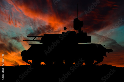 Russian lightly armored Soviet self-propelled, radar guided anti-aircraft weapon system silhouette / 3d illustration photo