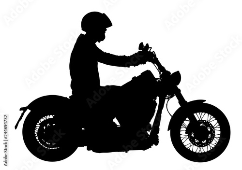 Biker driving a motorcycle rides along the asphalt road vector silhouette illustration. Freedom activity. Road travel by bike. Man on bike silhouette. Motorbike rider silhouette. 