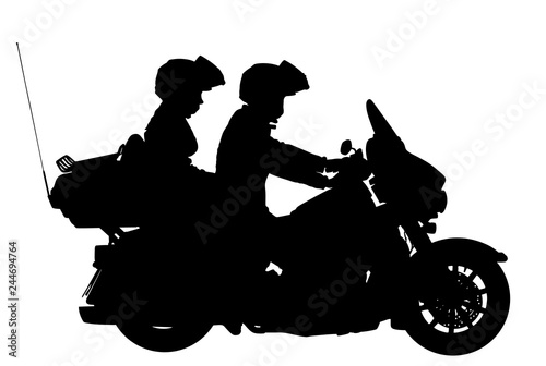 Couple in love on motorcycle vector silhouette illustration. Safety riding concept. Active couple riding on the motorbike, having fun in bikers tour.