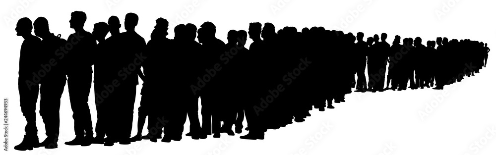 Group of people waiting in line vector silhouette isolated on white. Mexico border refugees. migration crisis in Europe. Turkey war migration waves going to Schengen Area. Border situation in USA, EU.