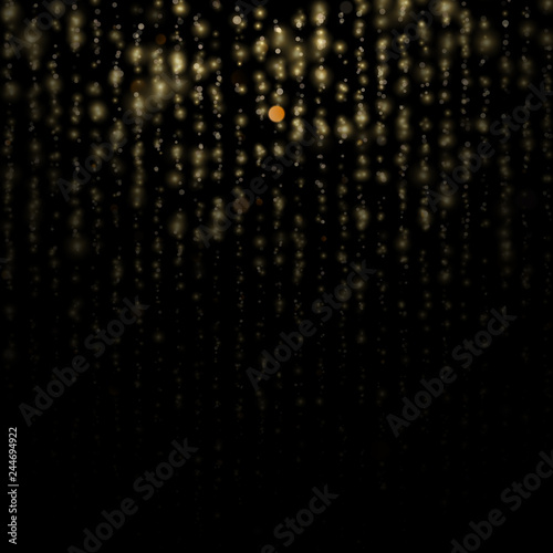 Gold particles lines rain. Sparkling of shimmering light blurs. Glitter threads of curtain backdrop on black. Christmas and New Year effect. Sparkling of shimmering light blurs. EPS 10