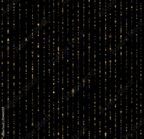 Seamless unique gold rain bokeh on black background. Glitter threads of curtain backdrop. Holiday garland lights or fashion strass drops for carnival, Christmas, New Year decoration. EPS 10