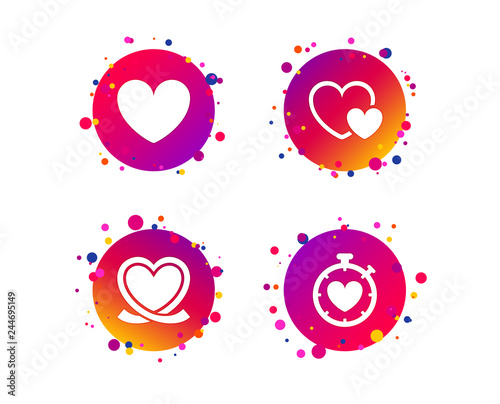 Heart ribbon icon. Timer stopwatch symbol. Love and Heartbeat palpitation signs. Gradient circle buttons with icons. Random dots design. Vector